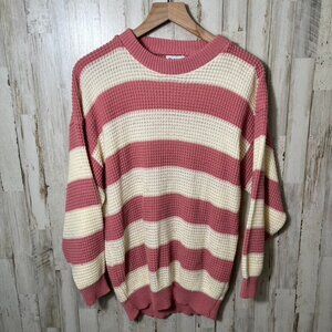 Vintage 90s Pink White Colorblock Stripe Open Knit Sweater USA Womens Size Large